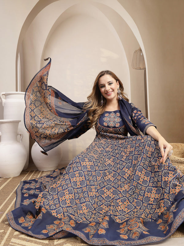 Gulmohar Jaipur Cotton Calf Length Printed 3/4 Sleeve Round Neck Flared Kurta Suit Set