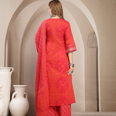 Gulmohar Jaipur Cotton Calf Length Printed 3/4 Sleeve V-Neck Straight Kurta Suit Set