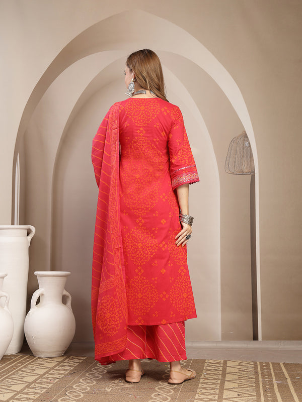 Gulmohar Jaipur Cotton Calf Length Printed 3/4 Sleeve V-Neck Straight Kurta Suit Set