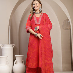 Gulmohar Jaipur Cotton Calf Length Printed 3/4 Sleeve V-Neck Straight Kurta Suit Set