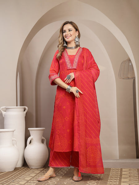 Gulmohar Jaipur Cotton Calf Length Printed 3/4 Sleeve V-Neck Straight Kurta Suit Set