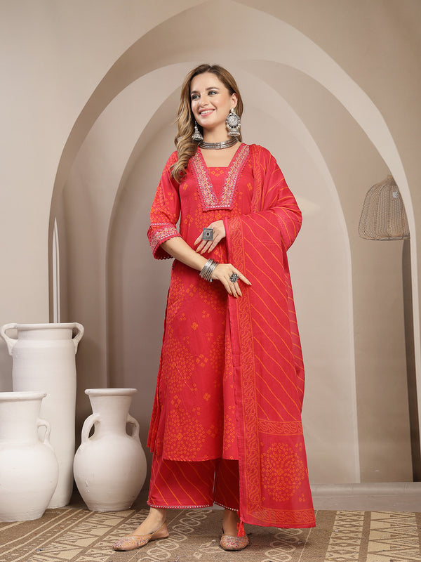 Gulmohar Jaipur Cotton Calf Length Printed 3/4 Sleeve V-Neck Straight Kurta Suit Set