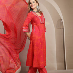 Gulmohar Jaipur Cotton Calf Length Printed 3/4 Sleeve V-Neck Straight Kurta Suit Set