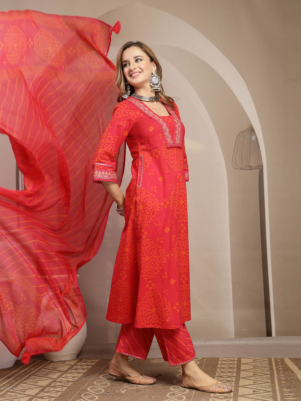 Gulmohar Jaipur Cotton Calf Length Printed 3/4 Sleeve V-Neck Straight Kurta Suit Set