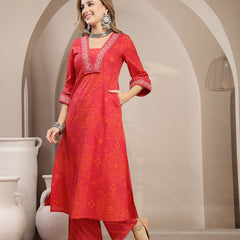 Gulmohar Jaipur Cotton Calf Length Printed 3/4 Sleeve V-Neck Straight Kurta Suit Set