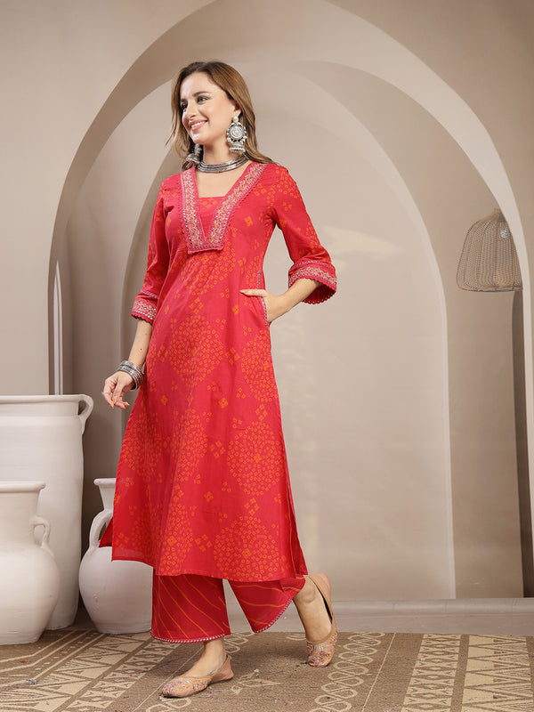 Gulmohar Jaipur Cotton Calf Length Printed 3/4 Sleeve V-Neck Straight Kurta Suit Set