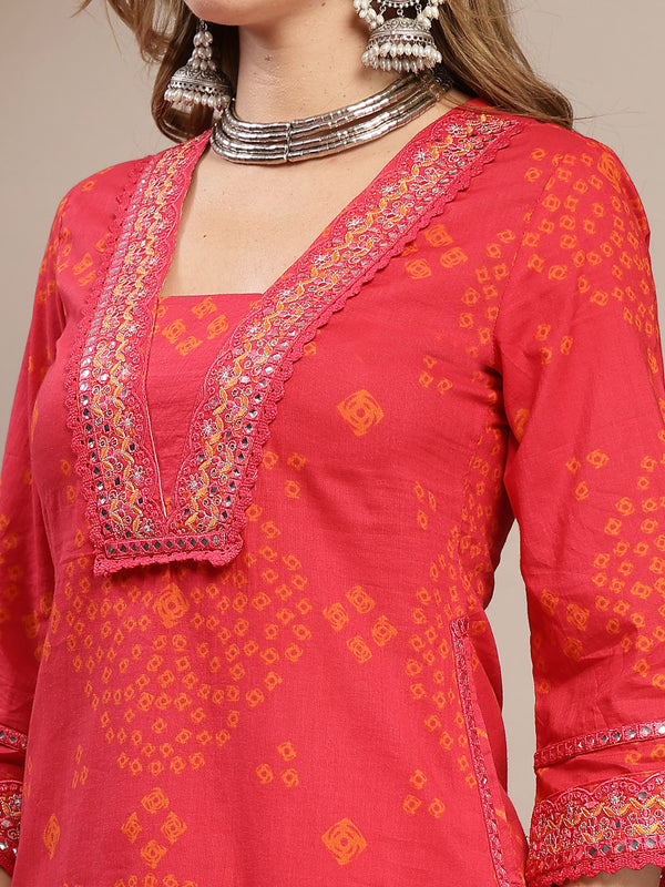 Gulmohar Jaipur Cotton Calf Length Printed 3/4 Sleeve V-Neck Straight Kurta Suit Set