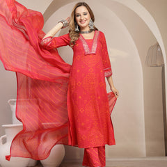 Gulmohar Jaipur Cotton Calf Length Printed 3/4 Sleeve V-Neck Straight Kurta Suit Set