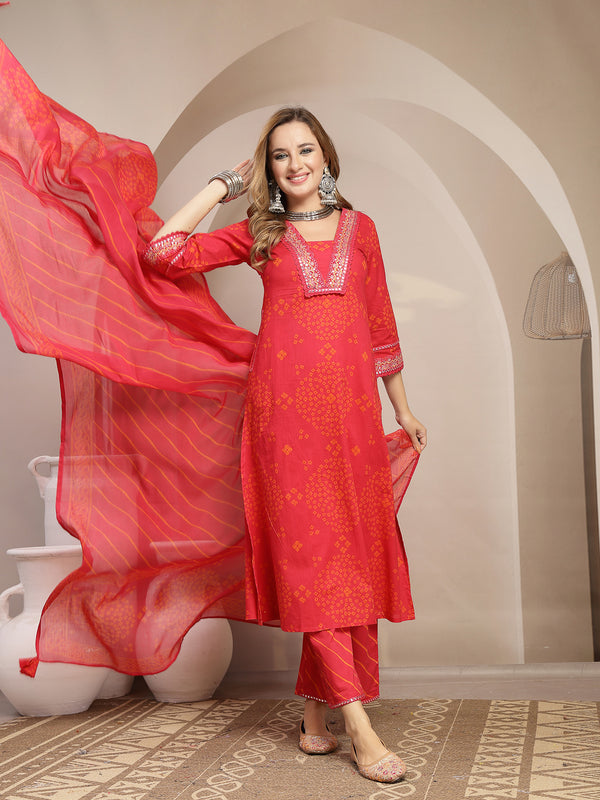 Gulmohar Jaipur Cotton Calf Length Printed 3/4 Sleeve V-Neck Straight Kurta Suit Set