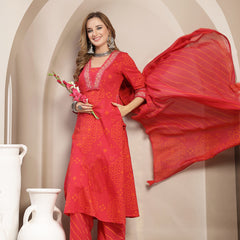 Gulmohar Jaipur Cotton Calf Length Printed 3/4 Sleeve V-Neck Straight Kurta Suit Set