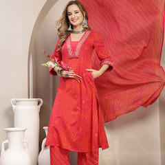 Gulmohar Jaipur Cotton Calf Length Printed 3/4 Sleeve V-Neck Straight Kurta Suit Set