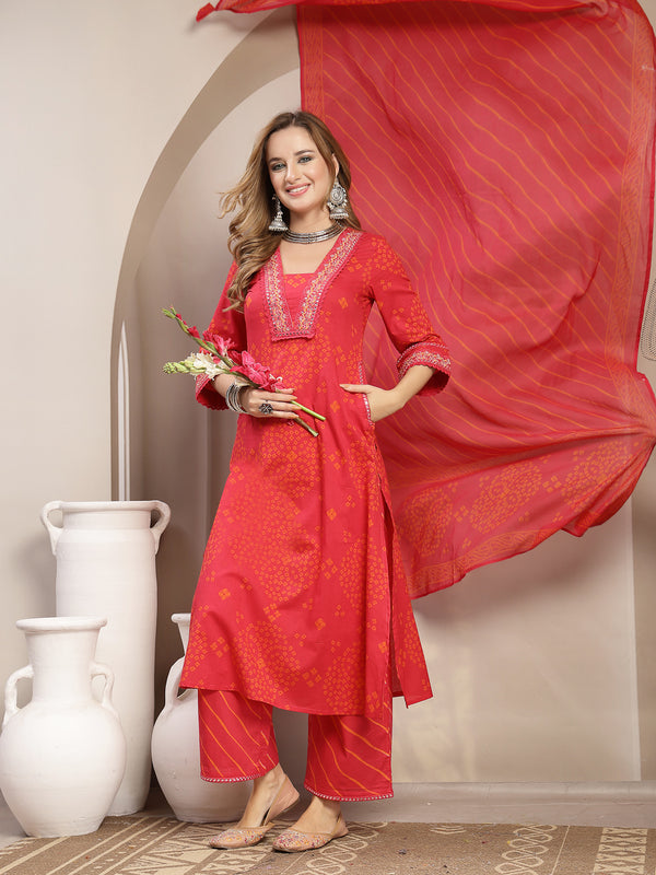 Gulmohar Jaipur Cotton Calf Length Printed 3/4 Sleeve V-Neck Straight Kurta Suit Set