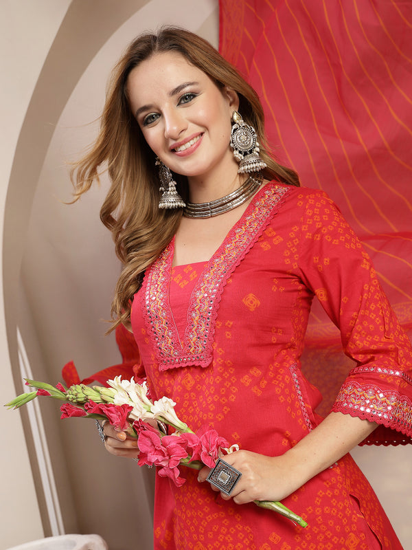 Gulmohar Jaipur Cotton Calf Length Printed 3/4 Sleeve V-Neck Straight Kurta Suit Set