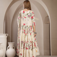 Gulmohar Jaipur Cotton Calf Length Printed 3/4 Sleeve Key Hole Neck Anarkali Kurta Suit Set