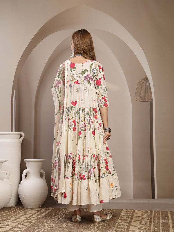 Gulmohar Jaipur Cotton Calf Length Printed 3/4 Sleeve Key Hole Neck Anarkali Kurta Suit Set