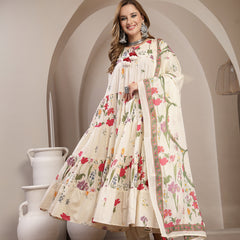 Gulmohar Jaipur Cotton Calf Length Printed 3/4 Sleeve Key Hole Neck Anarkali Kurta Suit Set