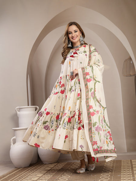 Gulmohar Jaipur Cotton Calf Length Printed 3/4 Sleeve Key Hole Neck Anarkali Kurta Suit Set