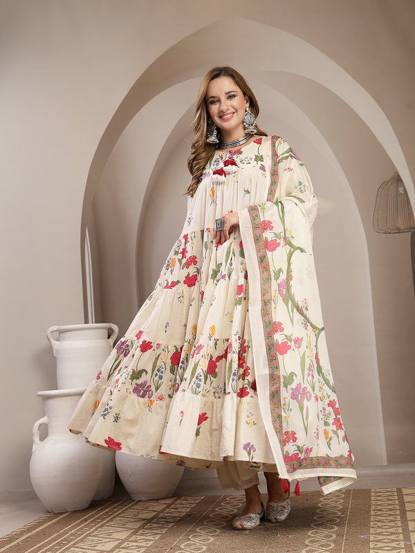 Gulmohar Jaipur Cotton Calf Length Printed 3/4 Sleeve Key Hole Neck Anarkali Kurta Suit Set