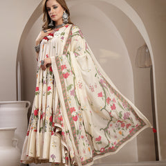 Gulmohar Jaipur Cotton Calf Length Printed 3/4 Sleeve Key Hole Neck Anarkali Kurta Suit Set