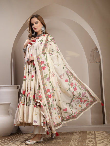 Gulmohar Jaipur Cotton Calf Length Printed 3/4 Sleeve Key Hole Neck Anarkali Kurta Suit Set