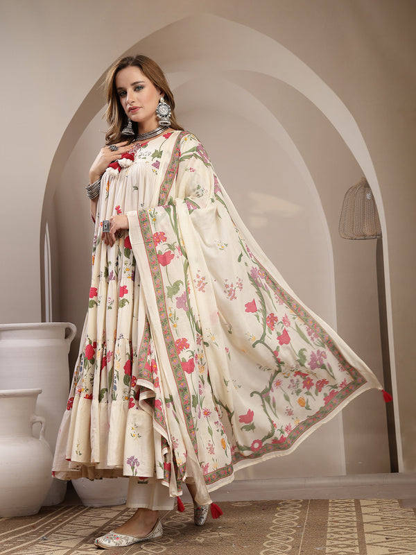 Gulmohar Jaipur Cotton Calf Length Printed 3/4 Sleeve Key Hole Neck Anarkali Kurta Suit Set