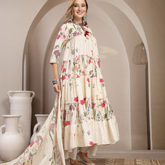 Gulmohar Jaipur Cotton Calf Length Printed 3/4 Sleeve Key Hole Neck Anarkali Kurta Suit Set