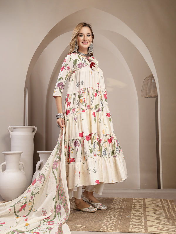 Gulmohar Jaipur Cotton Calf Length Printed 3/4 Sleeve Key Hole Neck Anarkali Kurta Suit Set
