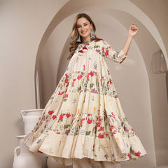 Gulmohar Jaipur Cotton Calf Length Printed 3/4 Sleeve Key Hole Neck Anarkali Kurta Suit Set