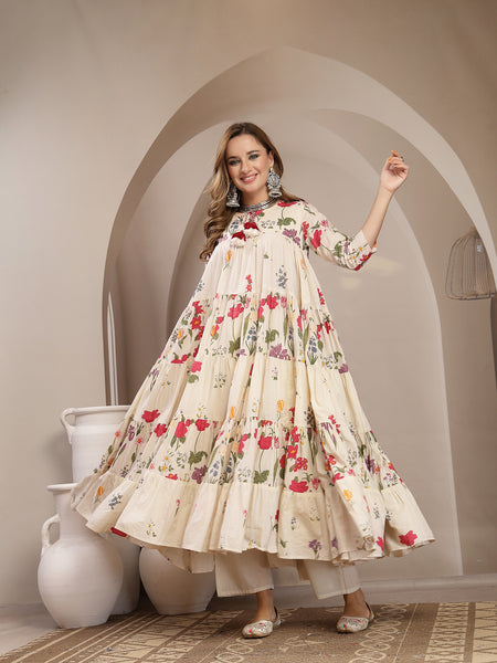 Gulmohar Jaipur Cotton Calf Length Printed 3/4 Sleeve Key Hole Neck Anarkali Kurta Suit Set