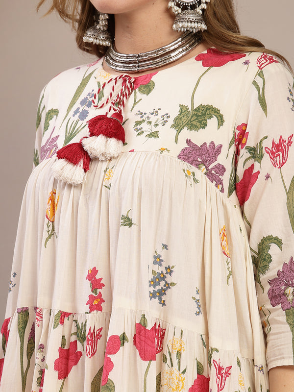 Gulmohar Jaipur Cotton Calf Length Printed 3/4 Sleeve Key Hole Neck Anarkali Kurta Suit Set