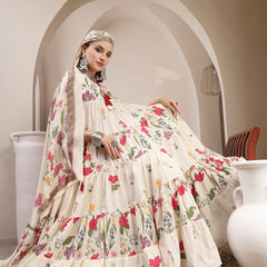Gulmohar Jaipur Cotton Calf Length Printed 3/4 Sleeve Key Hole Neck Anarkali Kurta Suit Set