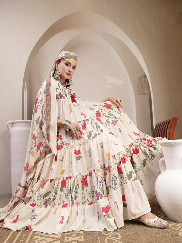 Gulmohar Jaipur Cotton Calf Length Printed 3/4 Sleeve Key Hole Neck Anarkali Kurta Suit Set