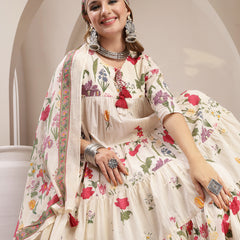 Gulmohar Jaipur Cotton Calf Length Printed 3/4 Sleeve Key Hole Neck Anarkali Kurta Suit Set