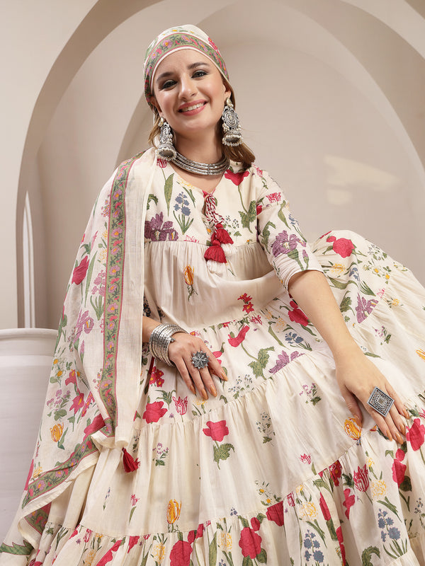 Gulmohar Jaipur Cotton Calf Length Printed 3/4 Sleeve Key Hole Neck Anarkali Kurta Suit Set