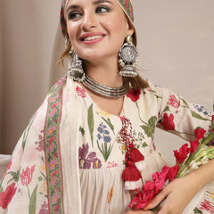 Gulmohar Jaipur Cotton Calf Length Printed 3/4 Sleeve Key Hole Neck Anarkali Kurta Suit Set