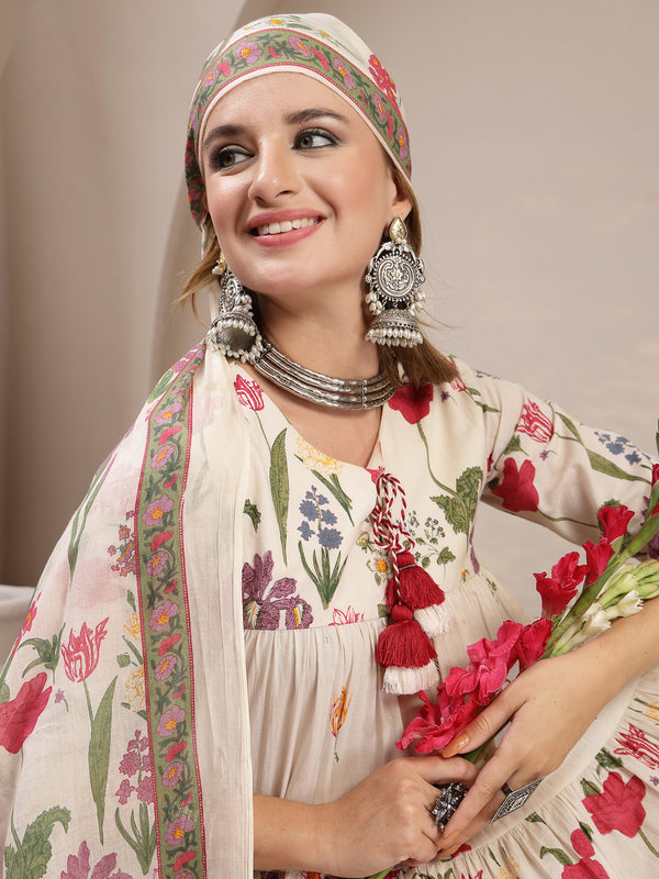 Gulmohar Jaipur Cotton Calf Length Printed 3/4 Sleeve Key Hole Neck Anarkali Kurta Suit Set