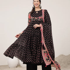 Malmal Calf Length Printed Full Sleeve Key Hole Neck Flared Kurta Suit Set