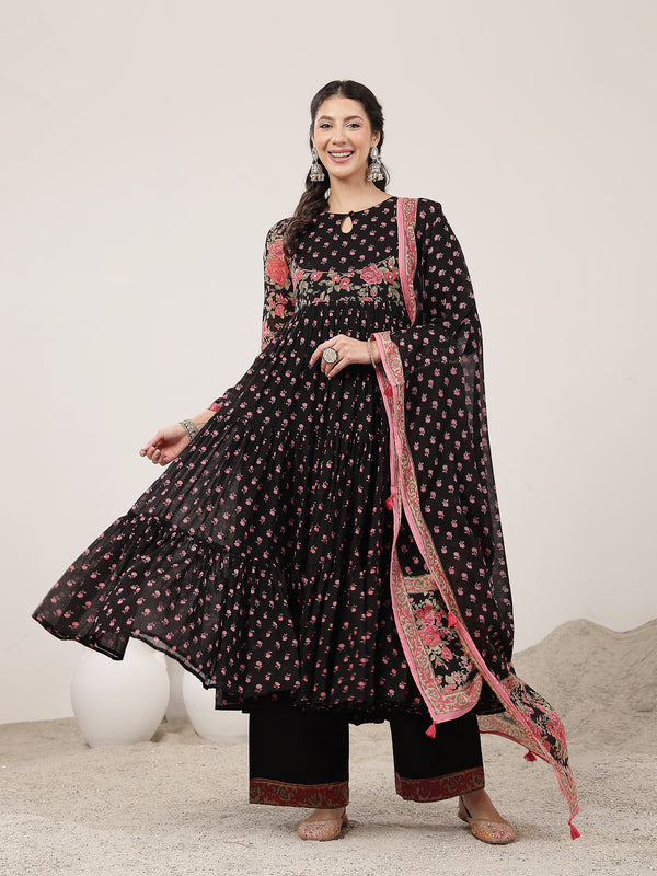 Malmal Calf Length Printed Full Sleeve Key Hole Neck Flared Kurta Suit Set