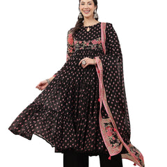 Malmal Calf Length Printed Full Sleeve Key Hole Neck Flared Kurta Suit Set