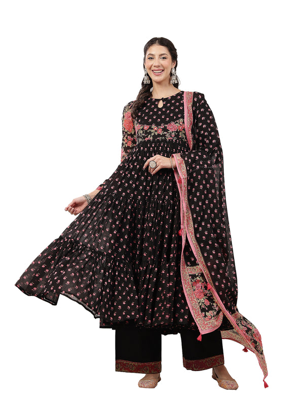 Malmal Calf Length Printed Full Sleeve Key Hole Neck Flared Kurta Suit Set