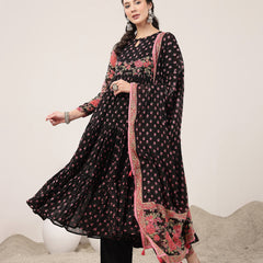 Malmal Calf Length Printed Full Sleeve Key Hole Neck Flared Kurta Suit Set