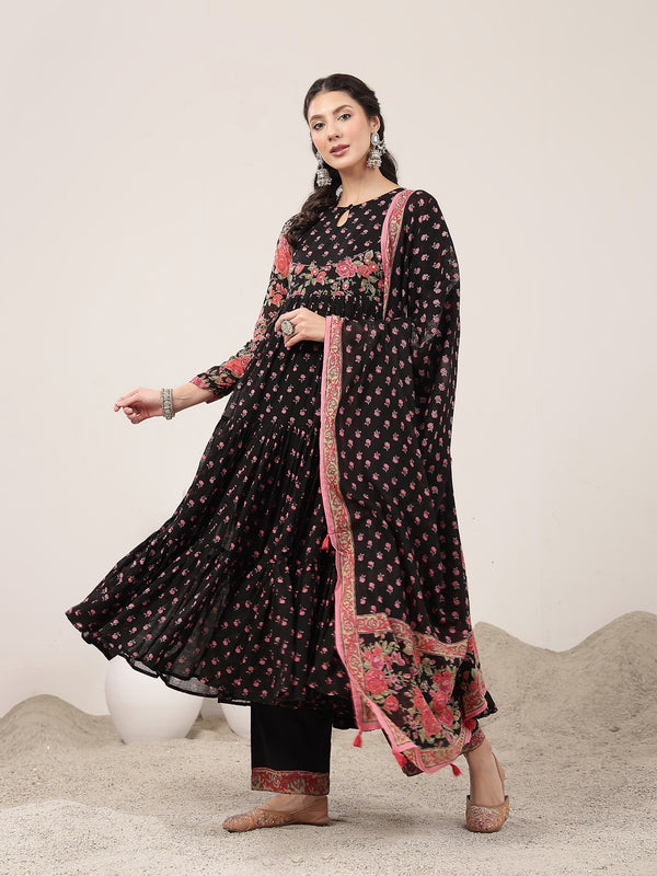 Malmal Calf Length Printed Full Sleeve Key Hole Neck Flared Kurta Suit Set