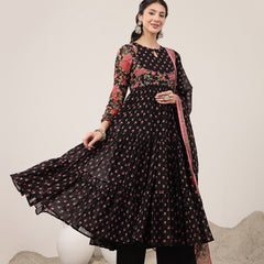 Malmal Calf Length Printed Full Sleeve Key Hole Neck Flared Kurta Suit Set