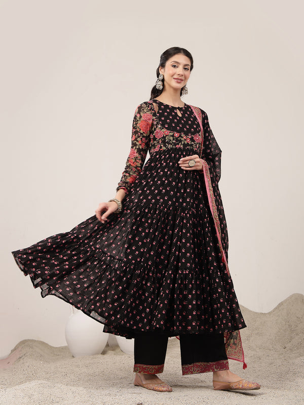 Malmal Calf Length Printed Full Sleeve Key Hole Neck Flared Kurta Suit Set