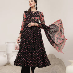 Malmal Calf Length Printed Full Sleeve Key Hole Neck Flared Kurta Suit Set