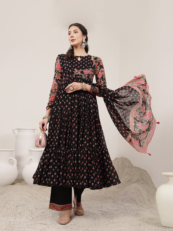 Malmal Calf Length Printed Full Sleeve Key Hole Neck Flared Kurta Suit Set