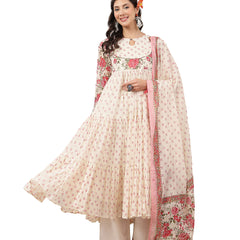 Malmal Calf Length Printed Full Sleeve Key Hole Neck Flared Kurta Suit Set