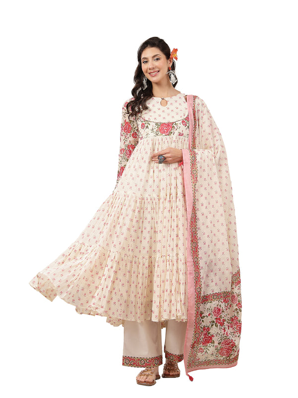 Malmal Calf Length Printed Full Sleeve Key Hole Neck Flared Kurta Suit Set