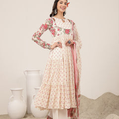 Malmal Calf Length Printed Full Sleeve Key Hole Neck Flared Kurta Suit Set