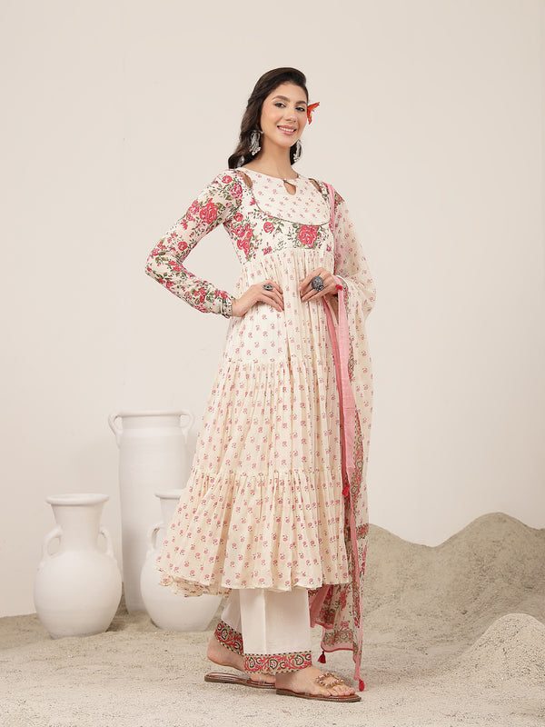 Malmal Calf Length Printed Full Sleeve Key Hole Neck Flared Kurta Suit Set